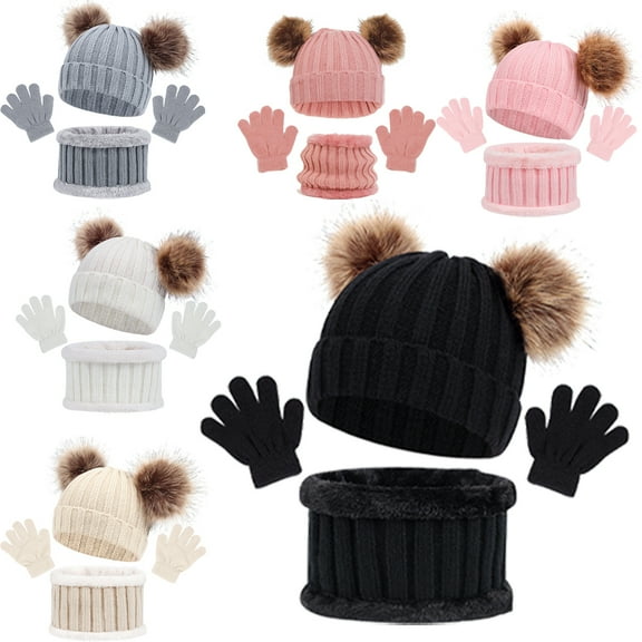 KYAIGUO 1-5 Year Boys Girls Winter Warm Knit Beanie Hat Neck Scarf Gloves for Kids Toddler with Fleece Lined Cap for Kid Gifts