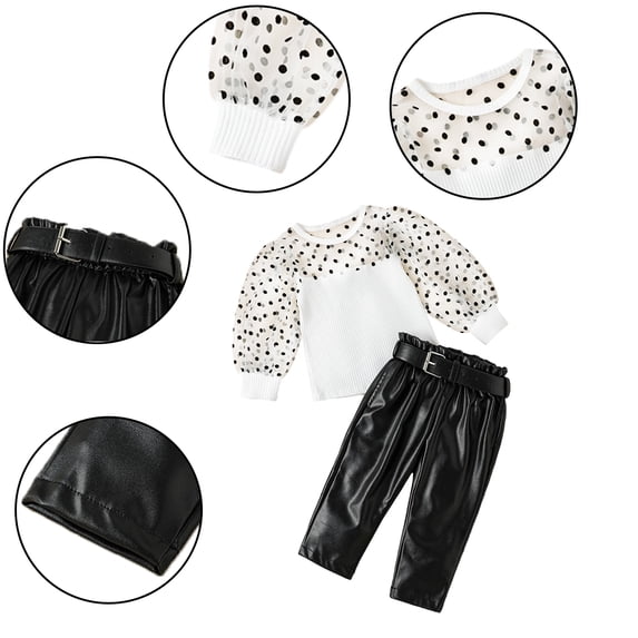 KYAIGUO 1-6T Baby Toddler Girls Long Sleeve Mesh Tops+ PU Leather Pants with Belt Spring Fall Fashion Polka Dot Clothing Set