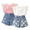 thumbnail image 1 of KYAIGUO 1-6Y Toddler Baby Girls Demin Shorts Set 2PCS Summer Sleeveless Ruffle Shirt Tops Jeans Shorts Set Outfits, 1 of 11