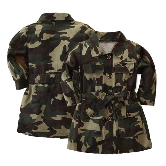 KYAIGUO 1-7T Girls Spring Camouflage Trench Coat for Kids Toddler,Baby Long Sleeve Knee-Length Outerwear Classic Button down T-Shirt Jacket Overcoat Fall Single Breasted Windbreaker with Bow-Tie Belt