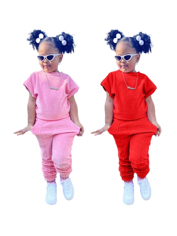 1-9Y Toddler Baby Girls Summer Sweatshirt Set Kids Short Sleeve Crewneck Sweatsuit+Long Pants Set 2PCS Spring Casual Jogging Pants Suits