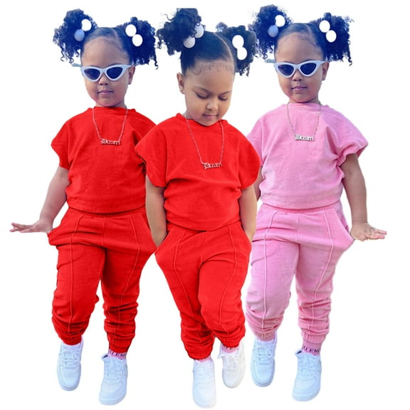 KYAIGUO 1-9Y Toddler Baby Girls Summer Sweatshirt Set Kids Short Sleeve Crewneck Sweatsuit Long Pants Set 2PCS Spring Casual Jogging Pants Suits