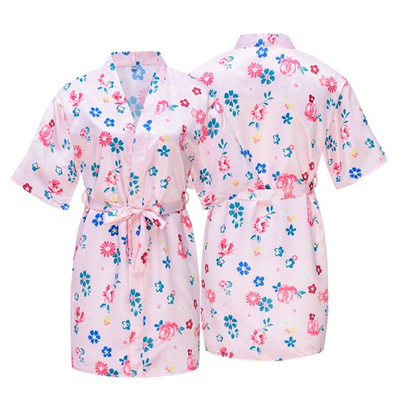KYAIGUO 2-14T Kids Baby Girls Satin Robes Toddler Spring Silk Short Kimono Bathrobe Summer Floral Nightgown Loungewear Soft Lightweight Baby Party SPA Sleepwear