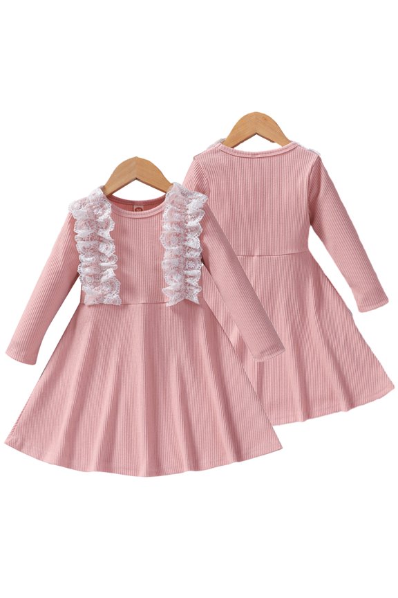 2-6T Toddler Baby Girls Lacy Dress Long Sleeve Knit Tops Floral Dress Spring Fall Tutu Princess Dresses