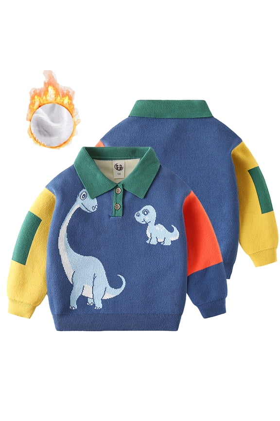 2-7T Toddler Kids Boys Dinosaurs Sweater Cartoon Polar Thick Knit Shirt Baby Winter Lapel Pullover Fleece Sweater