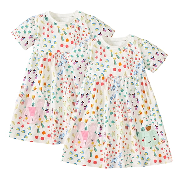 KYAIGUO 2-8 Years Baby Girls Summer Dresses Short Sleeve Cartoon Print Princess Dress Roundneck Cotton Skirt Casual Sundress Playwear Dress for Kids Toddler