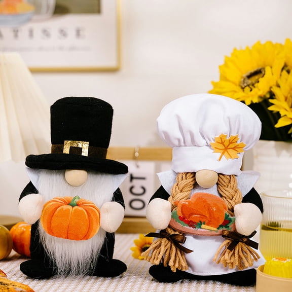 KYAIGUO 2 PCS Fall Decor Plush Chef Gnome Decorations Thanksgiving Autumn Faceless Doll Hand Held Pumpkin Ornaments for Home Kitchen Table Ornaments