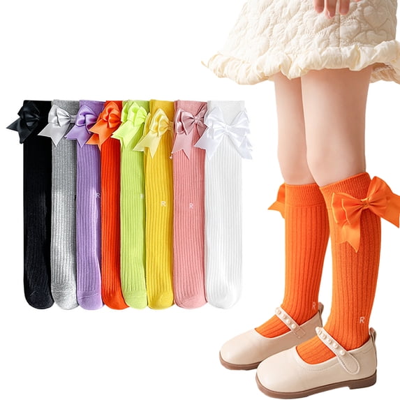 KYAIGUO 2 PCS Girl Knee High Socks Solid Color Thigh High Socks New Vertical Striped Knit Stocking Long Socks with Pretty Bow Party Dress Socks Seamless Toe Fall Baby Girl Clothes