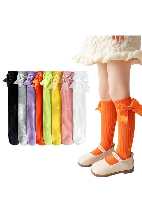 2 PCS Girl Knee High Socks Solid Color Thigh High Socks New Vertical Striped Knit Stocking Long Socks with Pretty Bow Party Dress Socks Seamless Toe Fall Baby Girl Clothes