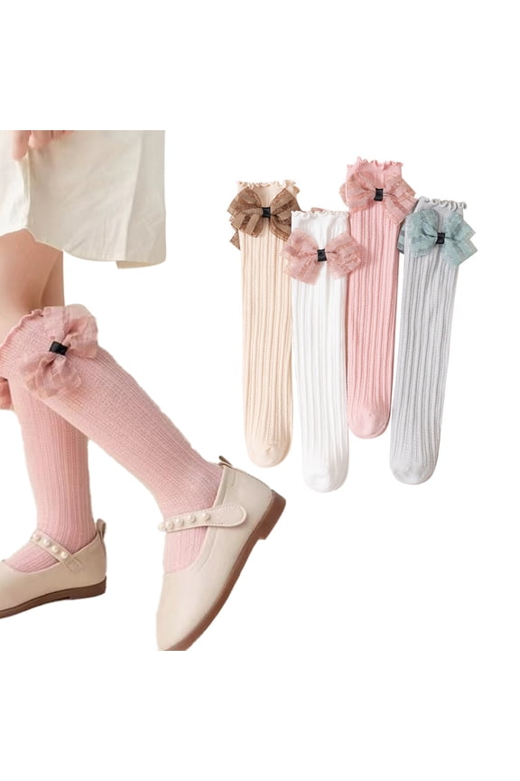 2 PCS Girls Knee High Socks, Kids Thigh High Socks, Soft Ruffle Frilly Turn Cuff Socks with Ribbon Bow Seamless Toe Baby Knit Stocking for Party Dress