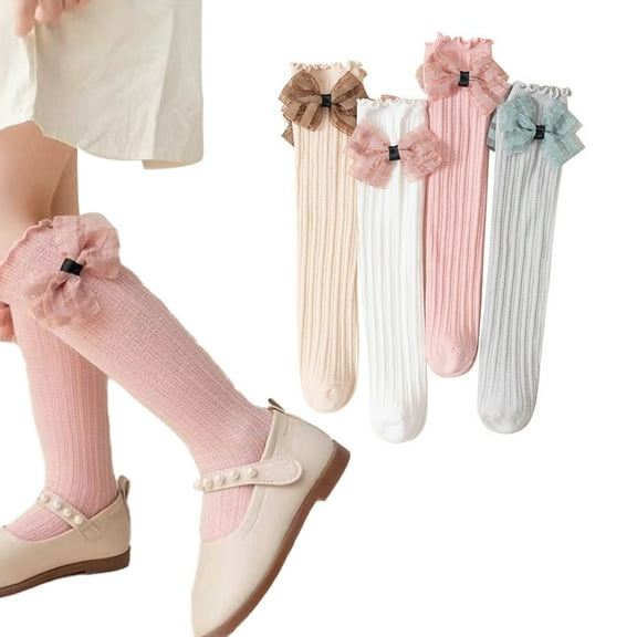 KYAIGUO 2 PCS Girls Knee High Socks, Kids Thigh High Socks, Soft Ruffle Frilly Turn Cuff Socks with Ribbon Bow Seamless Toe Baby Knit Stocking for Party Dress
