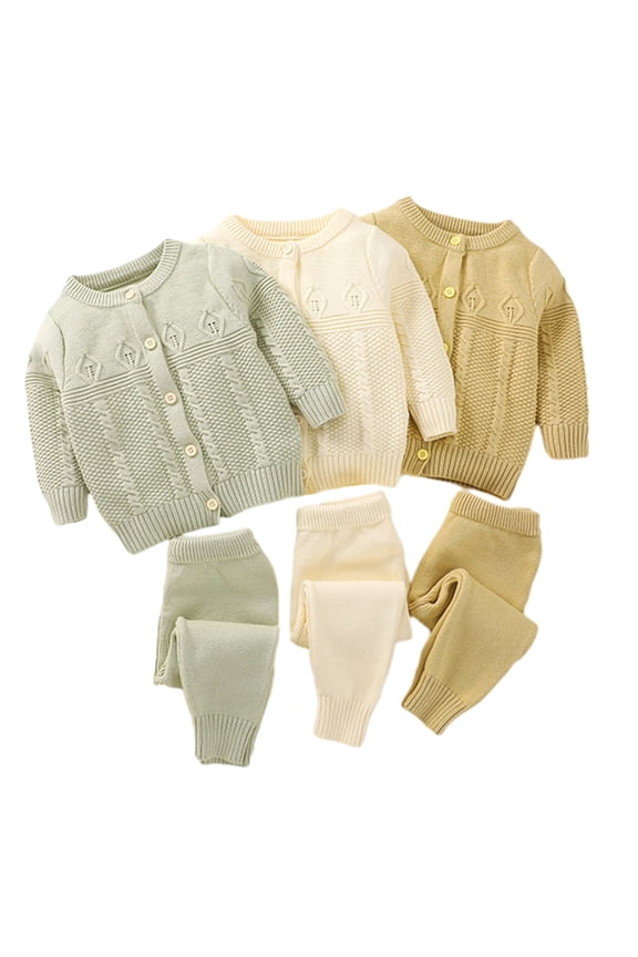 2 PCS Newborn Baby Autumn Split Sweater Set Spring Long Sleeve Button Solid Sweater Knitted Sweater Unisex Cotton Knit Outfit