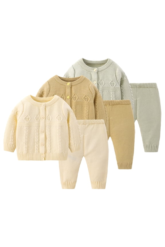 2 PCS Newborn Baby Autumn Split Sweater Set Spring Long Sleeve Button Solid Sweater Knitted Sweater Unisex Cotton Knit Outfit