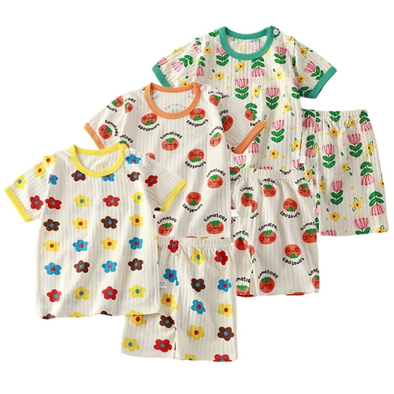 KYAIGUO 2PCS Baby Toddler Girls Boys Summer Cartoon Pajamas Set Short-Sleeved Casual T-Shirt and Shorts Set Cotton Loungwear Tracksuit Sets for 1-11 Years Old