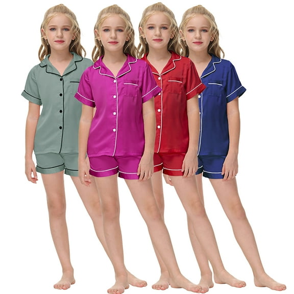 KYAIGUO 2PCS Kids Boys Girl Short Sleeve Silky Pajamas Set Button down Satin Loungewear Set Toddler Solid Color Spa Party Robes Sleepwear Nightwear for 5-14Y