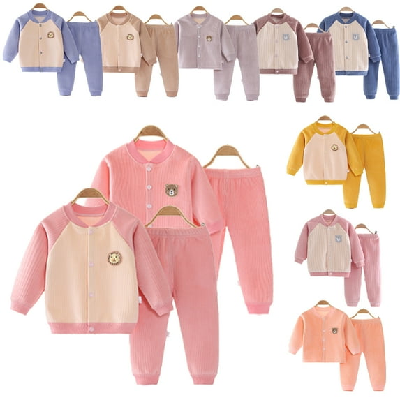 KYAIGUO 2Pcs Baby Newborn Boys Girls Fleece Thermal Underwear Outfit 3 Months-24 Months Plush Cardigan Thermal Pjs+Pants Long Johns Toddler Warm Sleep Outfit Autumn Winter