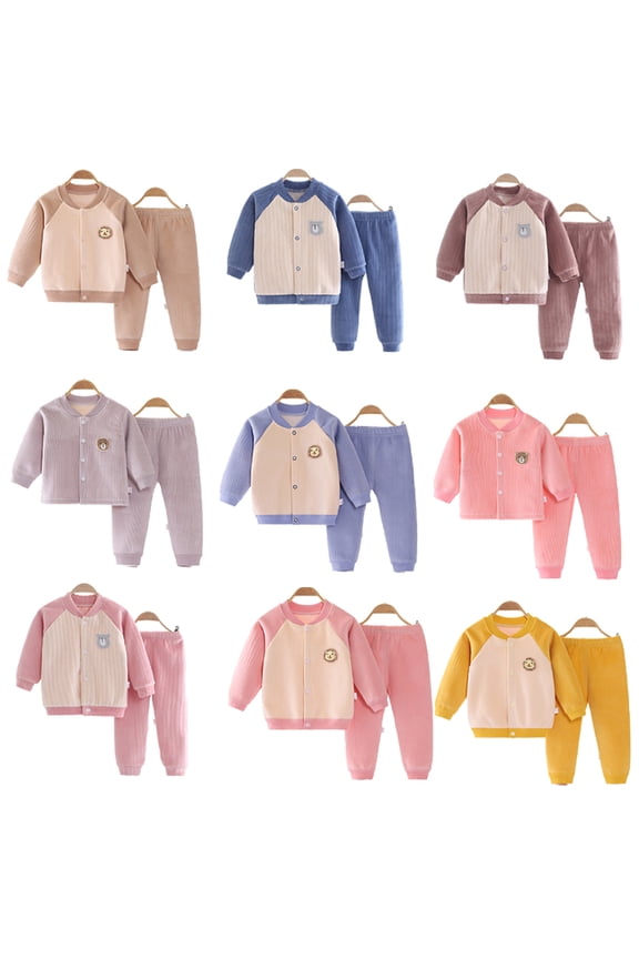 2Pcs Baby Newborn Boys Girls Fleece Thermal Underwear Outfit 3 Months-24 Months Plush Cardigan Thermal Pjs+Pants Long Johns Toddler Warm Sleep Outfit Autumn Winter