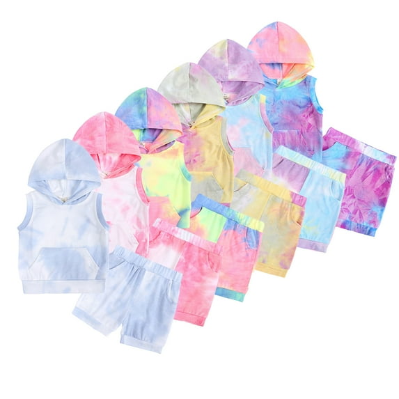 KYAIGUO 2Pcs Boys Girls Summer Hooded Tracksuit Set for Newborn Baby,Toddler Tie-Dye Pullover Sleeveless Sweatshirt Top +shorts Pants Two-Piece Set for 3M-24M