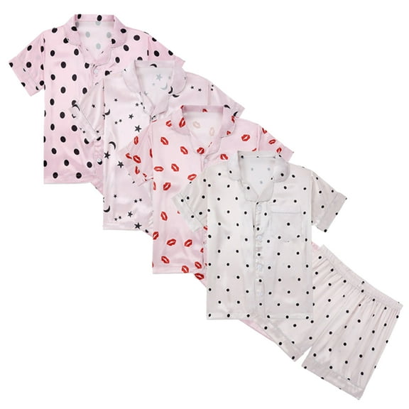 KYAIGUO 2Pcs Kids Youth Satin Short Sleeve Pj Pajamas Set for Kids Youth,5-14Years Summer Buttons Lapel Lounge Sleep Set Printed Sleepwear Loungewear Outfit Unisex Girls Boys Jammies Set