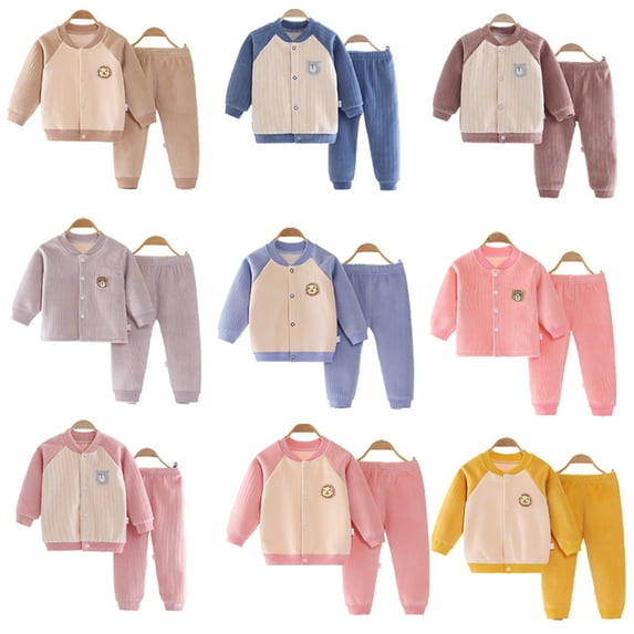 KYAIGUO 2Pcs Newborn Toddler Boys Girls Autumn Winter Underwear Set Baby Long Sleeve Cardigan Sleep Top+Pants Baby Sports Casual Therma Pjs Outfits for 3M-24M
