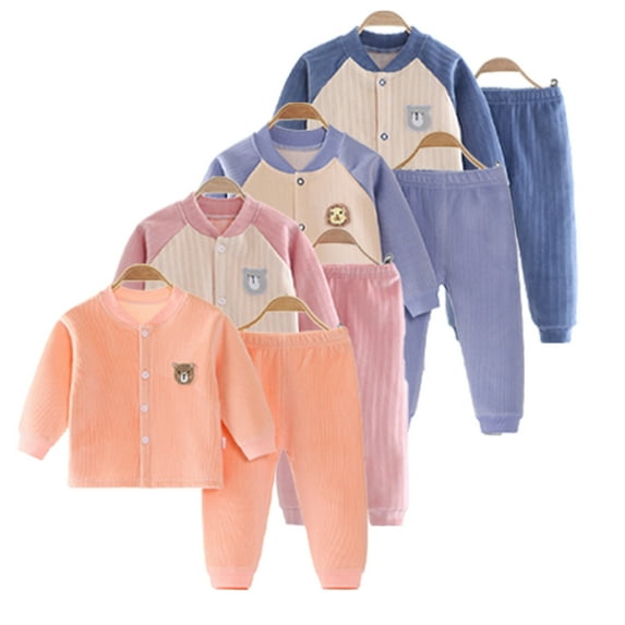 KYAIGUO 2Pcs Newborn Toddler Boys Girls Autumn Winter Underwear Set Baby Long Sleeve Cardigan Sleep Top+Pants Baby Sports Casual Therma Pjs Outfits for 3M-24M