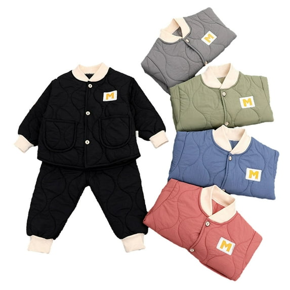 KYAIGUO 2Pcs Toddler Kids Fall Winter Clothes Set for Boys Girls Thick Warm Outfits Baby Lapel Button Top+Warm Pants Sets Kid Winter Warm Two Piece Outfits