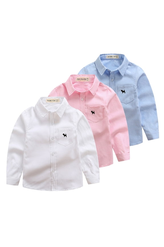 3-14T Boys Spring Cotton Dress Shirt Lapel Solid Color Casual Blouse with Buttons Longsleeve Gentleman Clothing for Kids Toddler