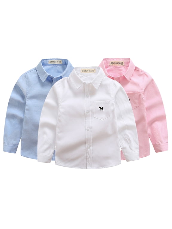 3-14T Boys Spring Cotton Dress Shirt Lapel Solid Color Casual Blouse with Buttons Longsleeve Gentleman Clothing for Kids Toddler