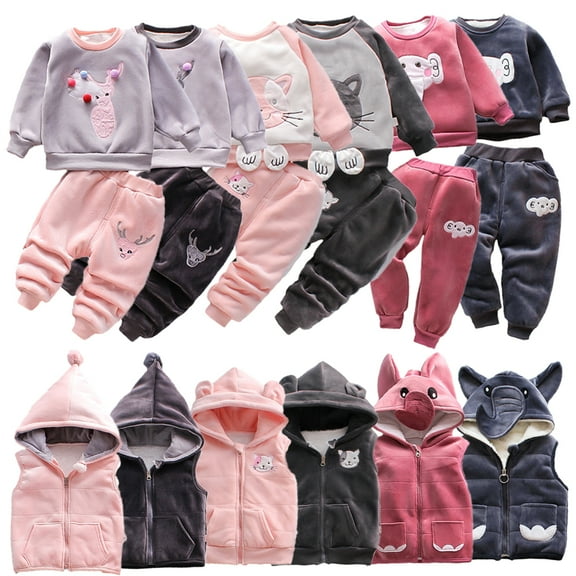 KYAIGUO 3 Piece Baby Girls Long Sleeve Sweatshirts Tops Pants Outfits Toddler Boys Autumn Cartoon Casual Set Fleece Sweatsuit+sweatpants+sleeveless Coats with Hoodie