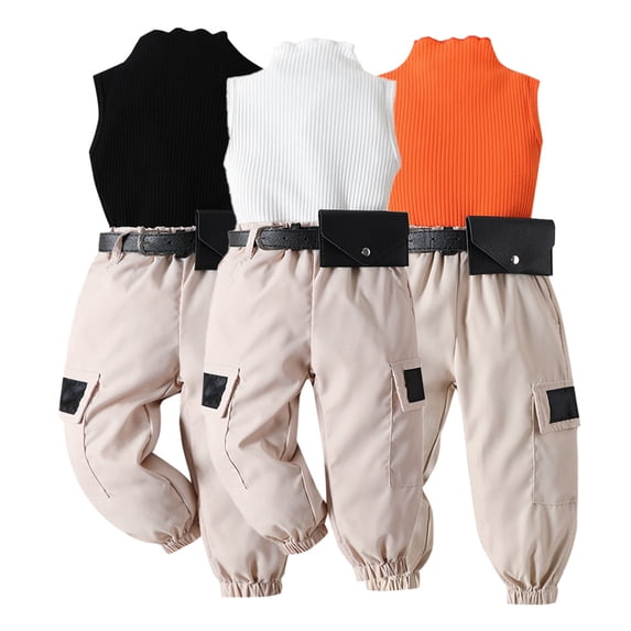 KYAIGUO 3PCS Baby Girl Sleeveless Vest Tanks Tops + Casual Cargo Pants with Belt Bag Outfits Toddler Summer Clothes Set 12M-5T