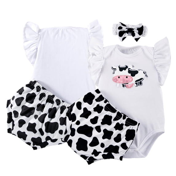 KYAIGUO 3PCS Baby Infant Girls Jumpsuit Crewneck Cow Print Romper Summer Ruffle Sleeveless Playsuit Shorts Set with Hairband for 3M-24M