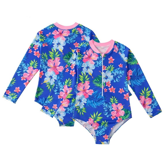 KYAIGUO 4-12T Girls Rash Guard One Piece Swimsuits Stripes Long Sleeve Zipper Bathing Suits UPF 50+/Sun Protection Tropical Plant Flowers Swimwear
