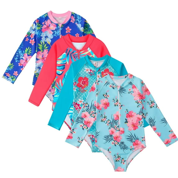 KYAIGUO 4-12T Girls Rash Guard One Piece Swimsuits Stripes Long Sleeve Zipper Bathing Suits UPF 50+/Sun Protection Tropical Plant Flowers Swimwear