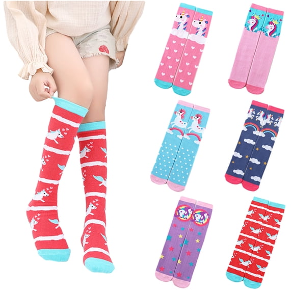 KYAIGUO 4 Pairs Baby Girls Cartoon Knee High Socks for Kids Spring Fall Mid-Calf Boot Socks Cute Soft Compression Socks 2-12T