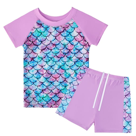 KYAIGUO 5-12T Kids Toddler Rash Guard Swimsuits Set for Girls 2 Piece Short Sleeve UPF50+ Sun Protection Swimwear Bathing Suit