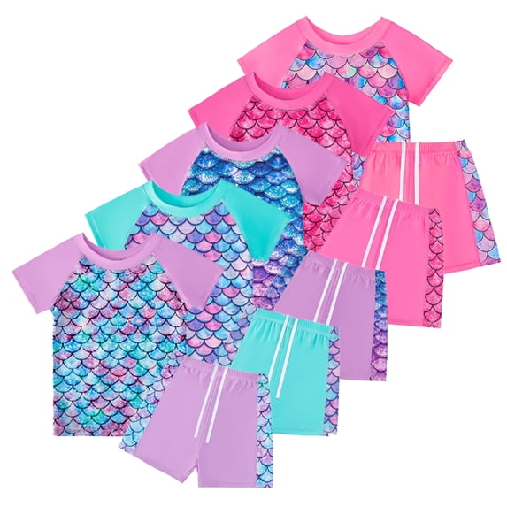 KYAIGUO 5-12T Kids Toddler Rash Guard Swimsuits Set for Girls 2 Piece Short Sleeve UPF50+ Sun Protection Swimwear Bathing Suit