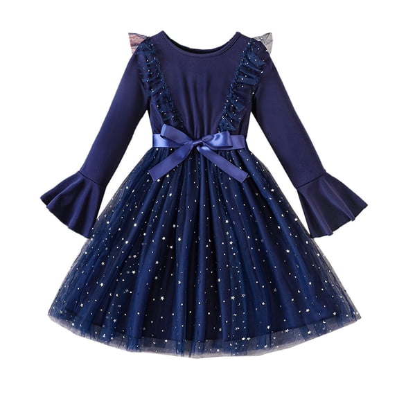 KYAIGUO 5-13Y Girls Puff Princess Dresses Flared Sleeve Dress for Toddler Kids Ruffle Edge Spring Fall Dress Long Sleeve Mesh Casual Dress
