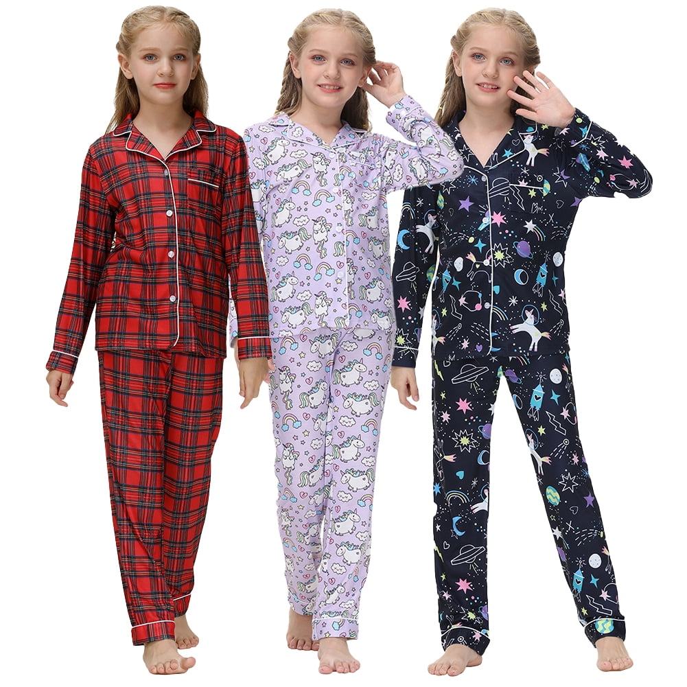 KYAIGUO 5-14 Years Girls Boys Satin Pajamas Set,2PCS Long Sleeve Silky ...