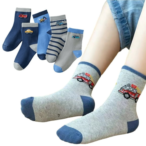 KYAIGUO 5 Pairs Teen Kids Sock for Boys Girls Crew Sock Cartoon Car Student Socks Toddler Fall Winter Striped Mid-Calf Socks 2-15Y