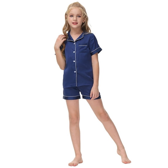 KYAIGUO 6-10T Unisex Kids Boys Girls Pajama Sets Summer Short Sleeve with Shorts Sleepwear Silky Button down Loungewear