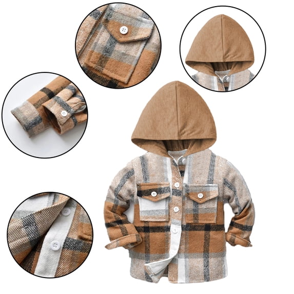 KYAIGUO 6M-9T Kids Toddler Boys Plaid Flannel Shirt Long Sleeve Button T-Shirt Family Matching Tops Hooded Spring Fall Coats