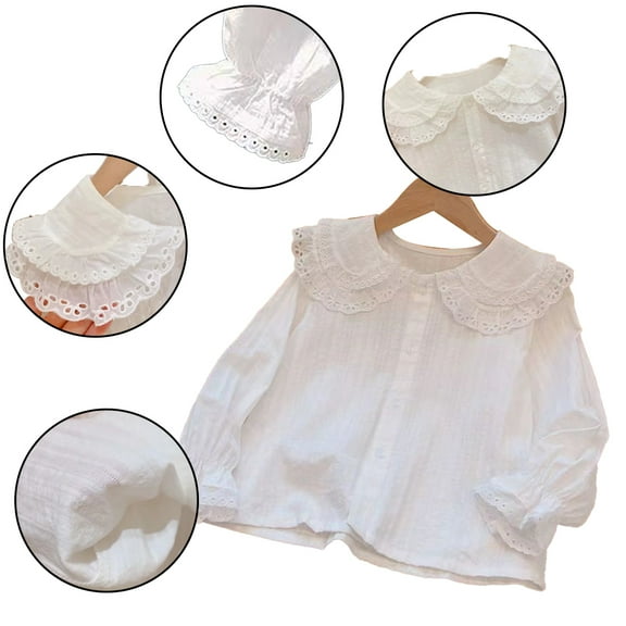 KYAIGUO 9M-7T Baby Newborn White Shirt for Girls Spring Lapel Lace Shirt Toddler Button down Double Lapel Blouse Kids Fall Flared Sleeves Princess Shirt