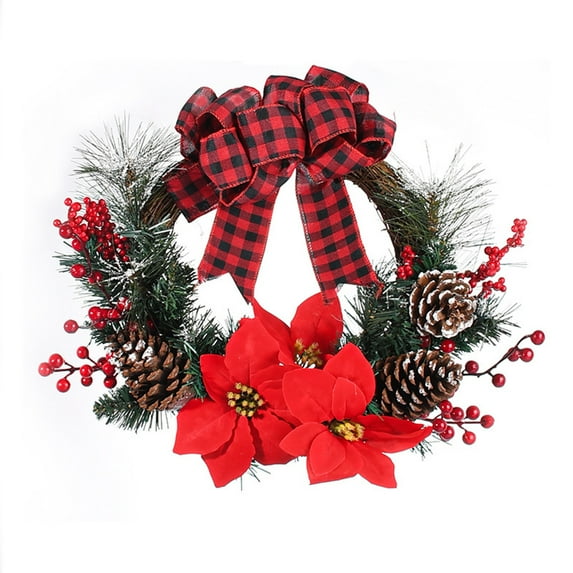 KYAIGUO Artificial Christmas Wreath for Front Door Plaid Xmas Decorations with Cypress Leaves, Small Christmas Tree, Bow for Indoor and Outdoor Christmas Ornaments 17.71Inch