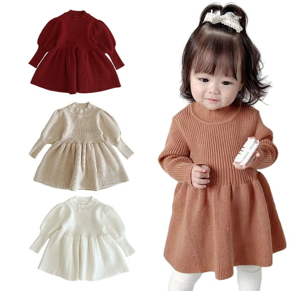 KYAIGUO Baby Girl Knit Sweater Dress Winter Fall Pleated Ruffle Dress Longsleeve Winter Knit Princess Dress Solid Casual Party Dress Outfit