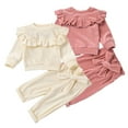 thumbnail image 1 of KYAIGUO Baby Girl Ruffle Long Sleeve Sweatshirt Jogger Pant Set Infant Spring Fall Pullover Ruffles Crewneck Sweatshirt + Velet Pants Outfits with Bowtie for 6M-24M, 1 of 11