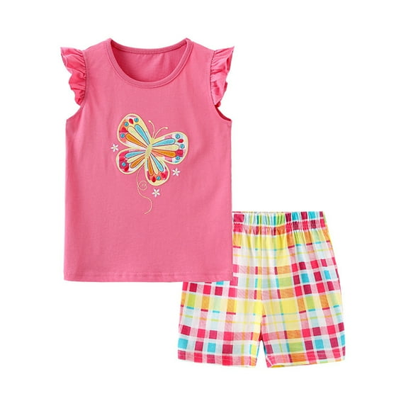 KYAIGUO Baby Girls 2 PCS Outfits Sleeveless Ruffle Summer Clothes for Toddler 2-7 Years Old Cute Sleevless Top + Plaid Short