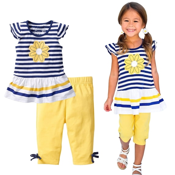 KYAIGUO Baby Girls Summer Casual Outfit Kids Toddler Short Sleeve Striped Floral Ruffle T-Shirt Long Pants Clothes Set for 12M-7T