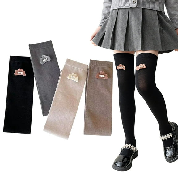 KYAIGUO Baby Girls Thigh High Socks Knee High Socks,Soft Solid Color Knee High Socks with Pretty Cloudy Pearls Kids Breathable Knit Stocking Seamless Toe for Party Uniform Dress Clothes 2 PCS