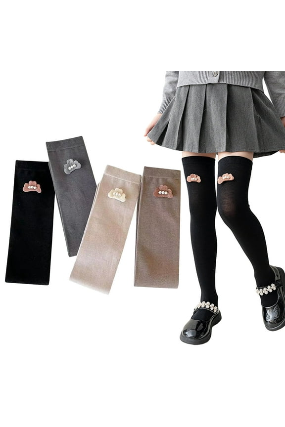 Baby Girls Thigh High Socks Knee High Socks,Soft Solid Color Knee High Socks with Pretty Cloudy Pearls Kids Breathable Knit Stocking Seamless Toe for Party Uniform Dress Clothes 2 PCS