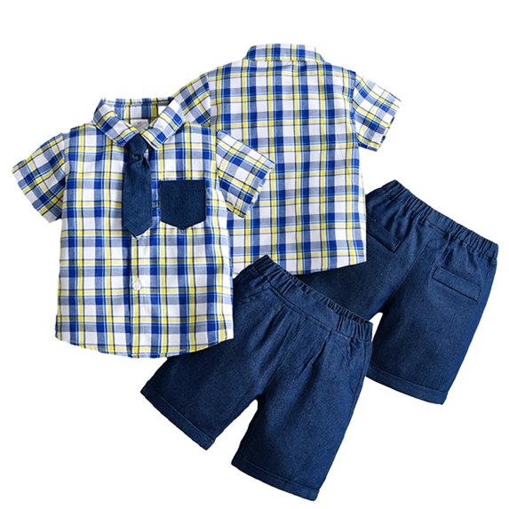 KYAIGUO Baby Infant Boys Button down Shirt & Casual Shorts Set Outfits 2PCS Toddler Short Sleeve Plaid Shirt and Shorts with Tie 6M-4T